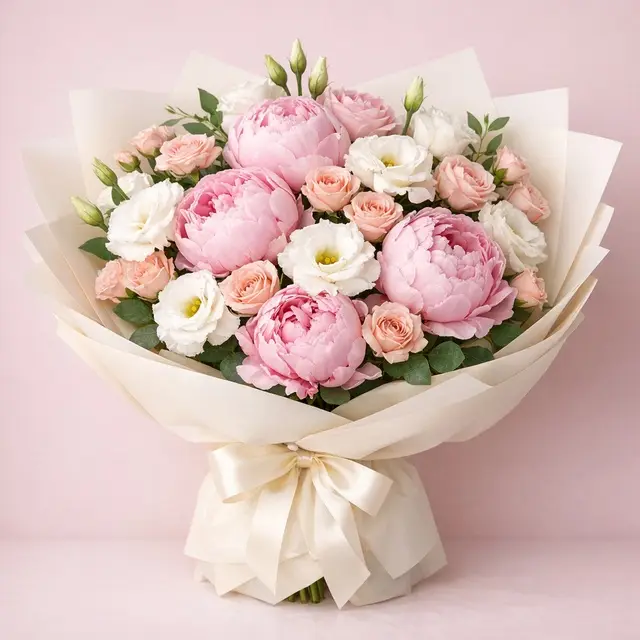 Bó hồng peony và lisianthus
